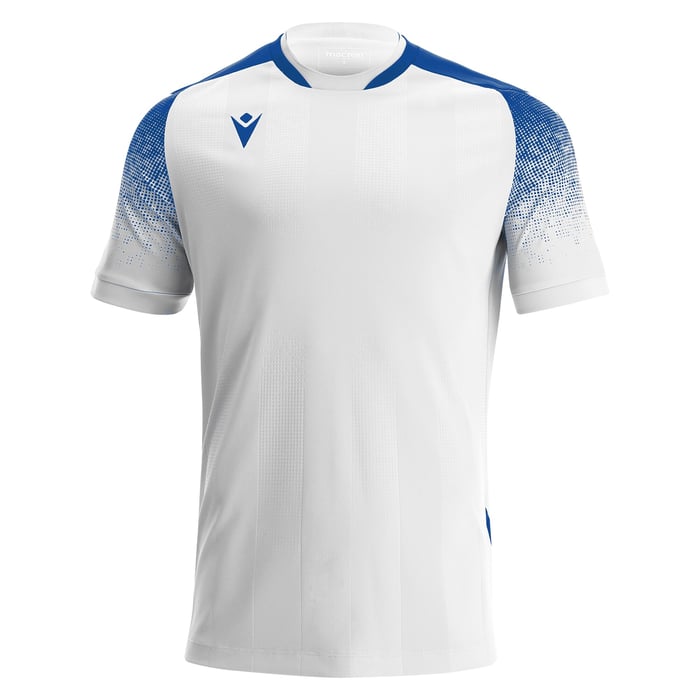White sports jersey with blue accents on a white background