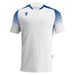 White sports jersey with blue accents on a white background