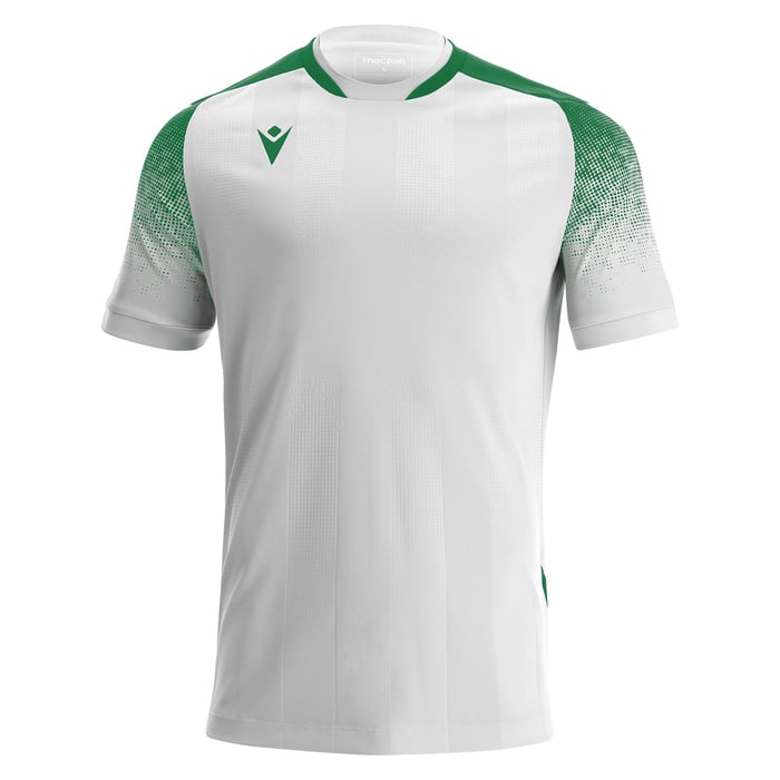 White sports jersey with green accents on a white background