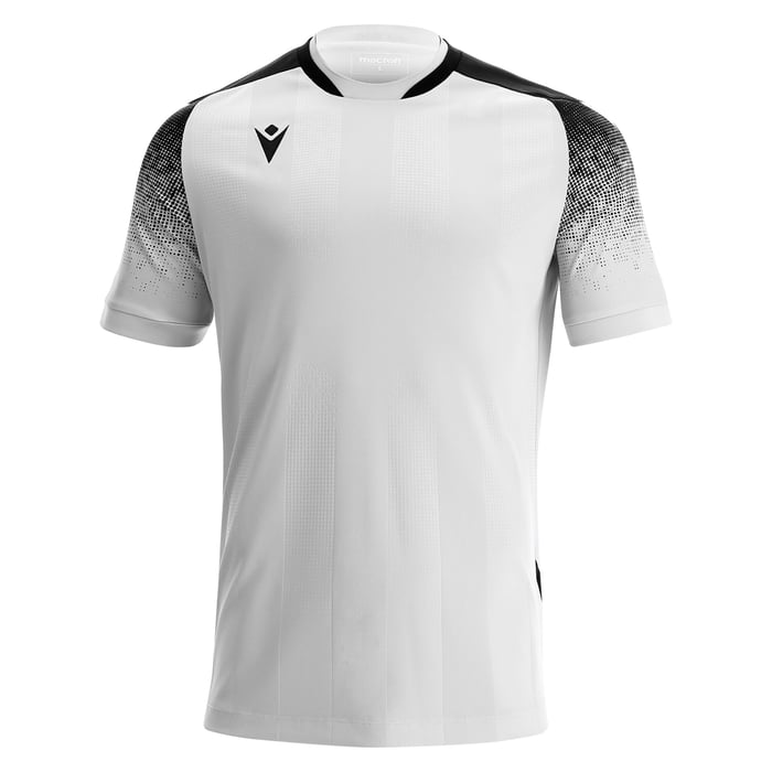 White sports jersey with black accents on a white background