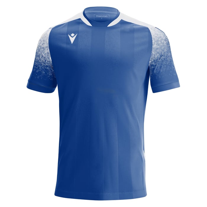 Blue sports jersey with white accents on a white background