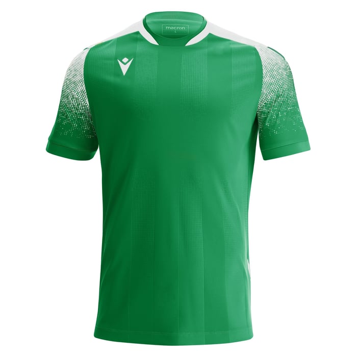 Green sports jersey with white accents on a white background