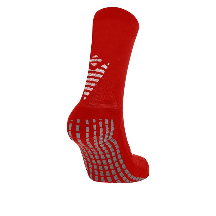 Red sock with white and gray pattern on a white background