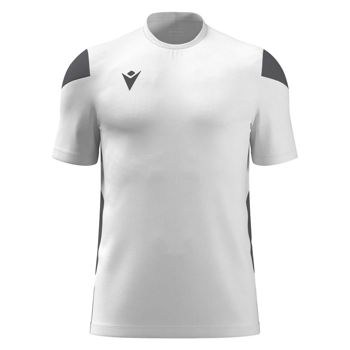 White sports jersey with black accents on a white background
