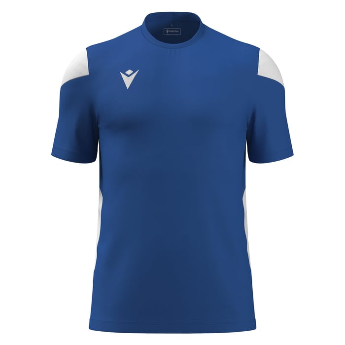 Blue athletic shirt with white accents on a white background