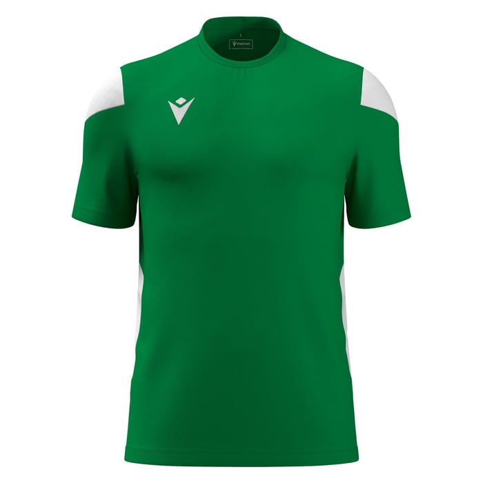 Green sports jersey with white accents on a white background