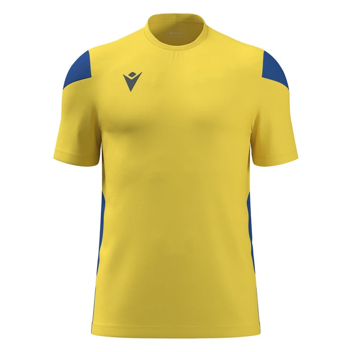 Yellow sports jersey with blue accents on a white background