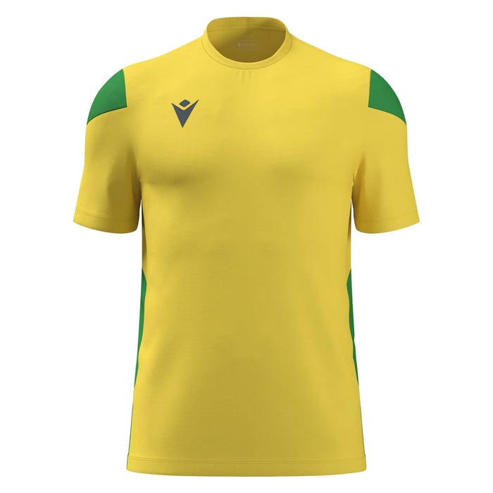 Yellow sports jersey with green accents on a white background