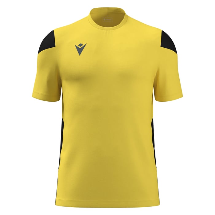 Yellow sports jersey with black sleeves on a white background