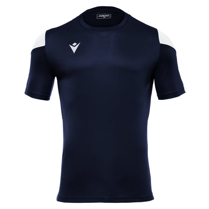 Navy blue athletic shirt with white accents on a white background