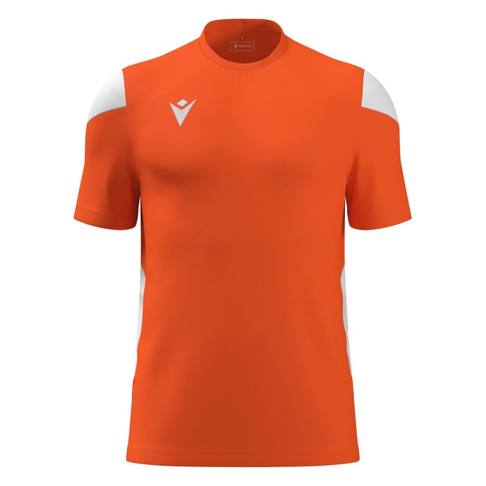 Orange sports jersey with white accents on a white background