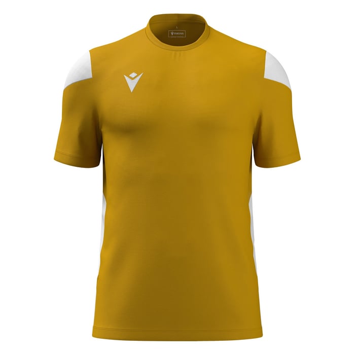 Yellow sports jersey with white accents on a white background