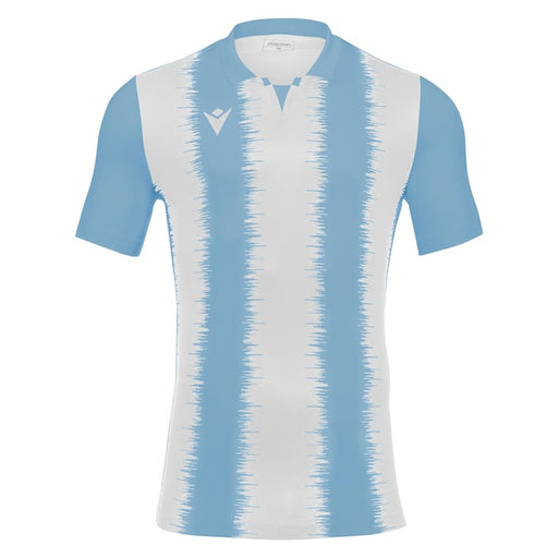 Blue and white striped polo shirt on a white background