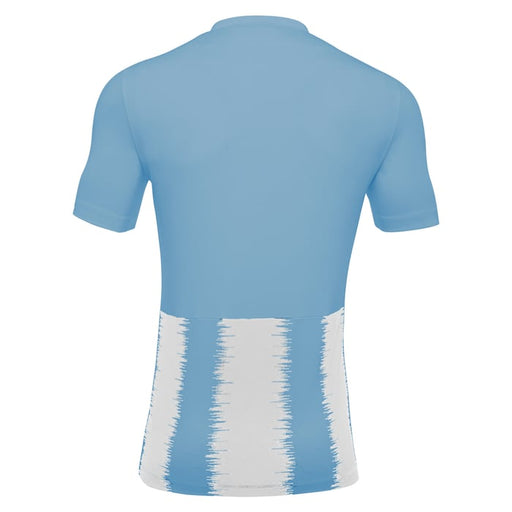 Light blue t-shirt with white tie-dye pattern on a white background