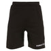 Black shorts with a Macron logo on a white background