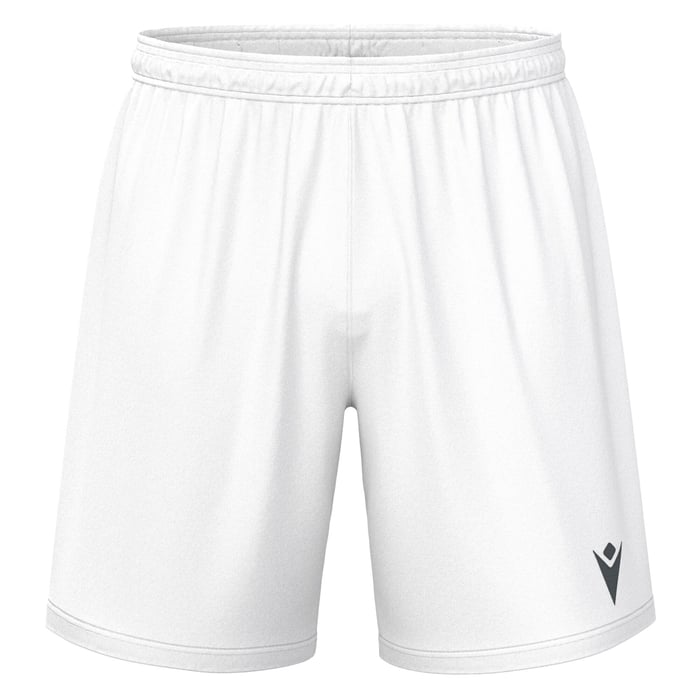 White shorts with a small black logo on a white background