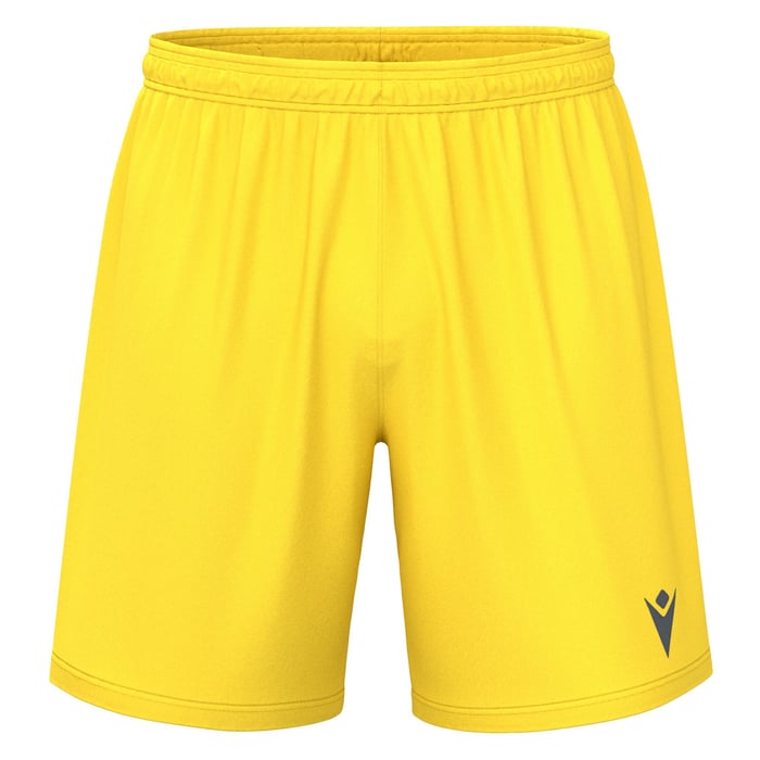 Yellow shorts with a small logo on a white background