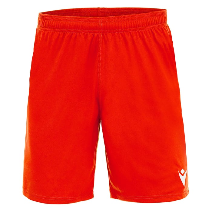 Red shorts with a white logo on a white background