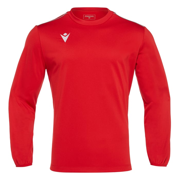 Red long-sleeve shirt with a logo on a white background