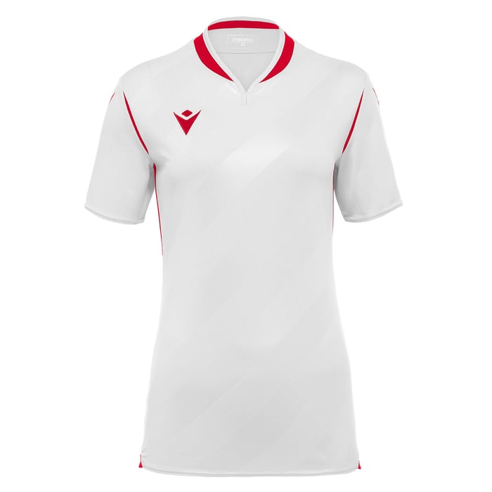 White polo shirt with red accents on a white background