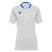 White polo shirt with blue accents on a white background