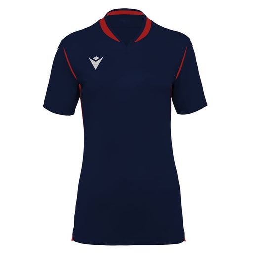 Navy blue shirt with red accents on a white background