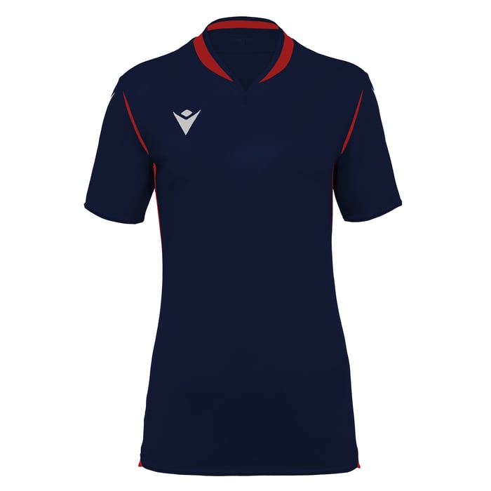 Navy blue shirt with red accents on a white background