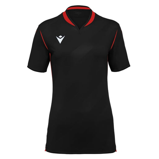 Black polo shirt with red accents on a white background