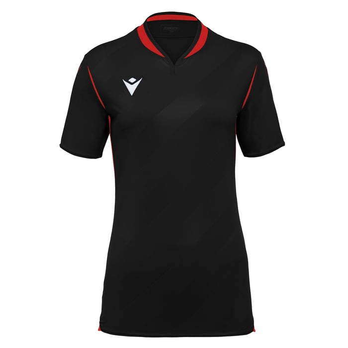 Black polo shirt with red accents on a white background