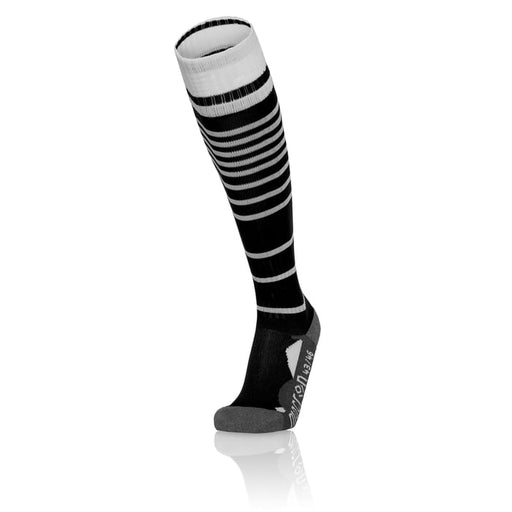 Black and white striped knee-high sock on a white background