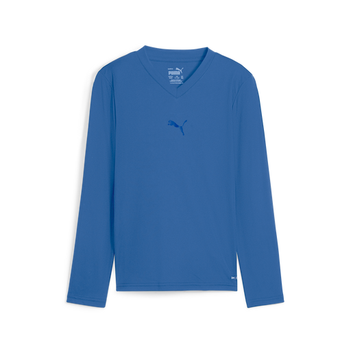 A blue long sleeve baselayer for kids and men by Puma, with a V-neck cut and a small Puma logo on the chest.