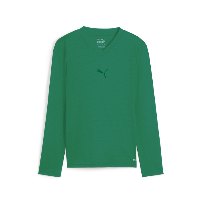 A green long sleeve baselayer for kids and men by Puma, with a V-neck cut and a small Puma logo on the chest.