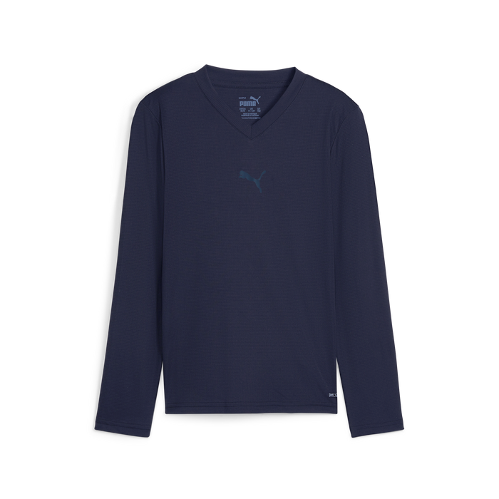 A purple long sleeve baselayer for kids and men by Puma, with a V-neck cut and a small Puma logo on the chest.