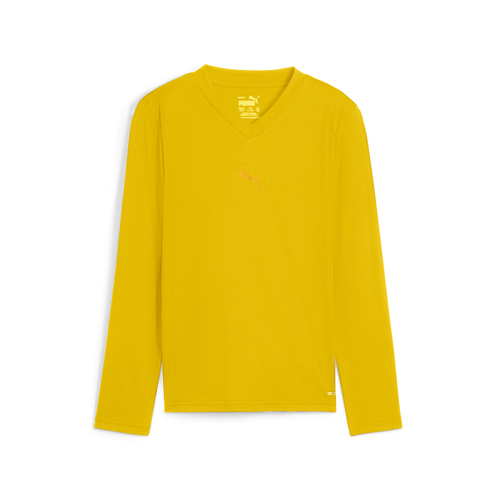 A yellow long sleeve baselayer for kids and men by Puma, with a V-neck cut and a small Puma logo on the chest.