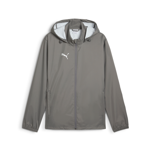 A gray Puma Team ADDITIONS 25 All Weather Jacket with a hood, featuring multiple pockets and a visible brand logo on the chest.