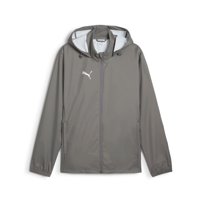 A gray Puma Team ADDITIONS 25 All Weather Jacket with a hood, featuring multiple pockets and a visible brand logo on the chest.