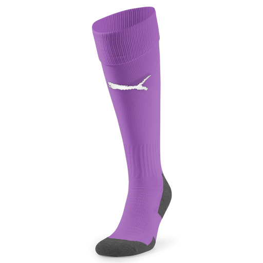 A pair of bright purple Puma Team LIGA 25 socks with black detailing and branding on the front.