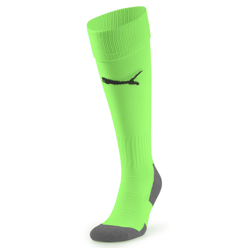A pair of bright green Puma Team LIGA 25 socks with black detailing and branding on the front.
