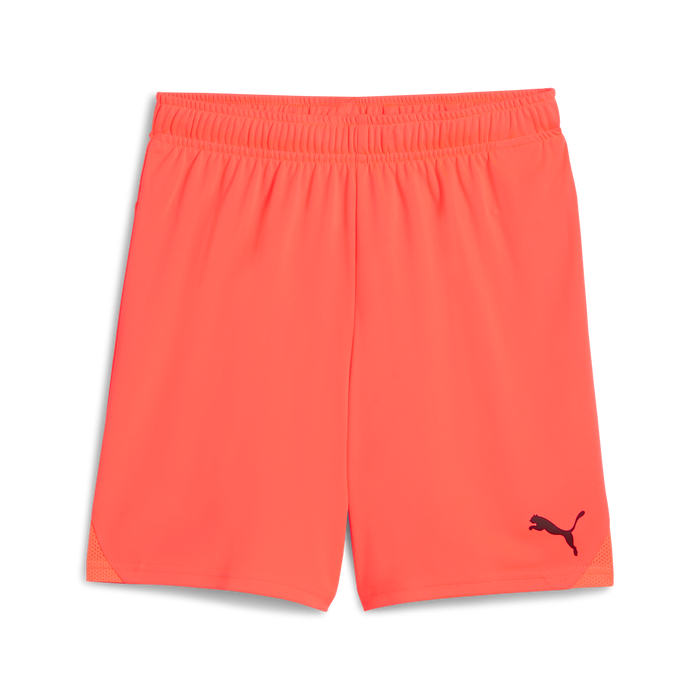 A pair of orange Puma Team GOAL 25 shorts with a Puma logo on the left side.