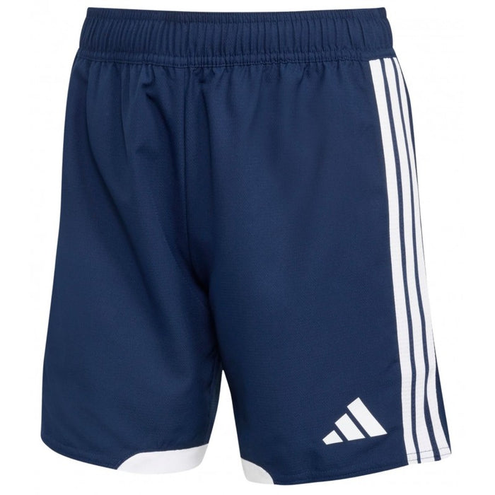 Navy blue athletic shorts with white stripes on a white background