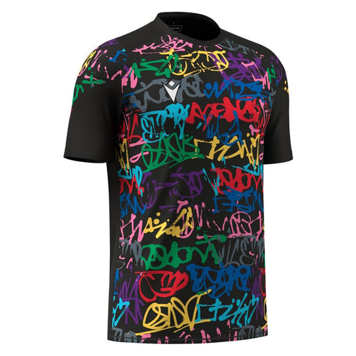 Black t-shirt with colorful graffiti-style text pattern on a white background