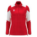 Red and white long-sleeve athletic top with a brand logo on a white background