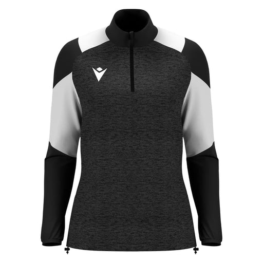 Black and white long-sleeve athletic jacket with a brand logo on a white background