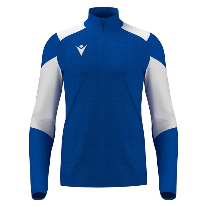Blue and white long-sleeve athletic top with a brand logo on a white background