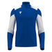 Blue and white long-sleeve athletic top with a brand logo on a white background
