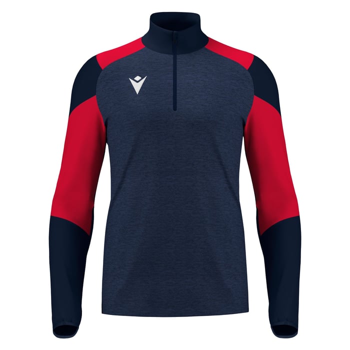 Navy and red long-sleeve athletic top with a quarter zip on a white background