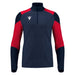 Navy and red long-sleeve athletic top with a quarter zip on a white background