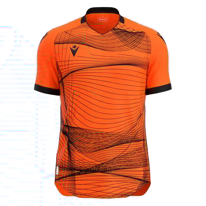Orange sports jersey with black pattern on a white background