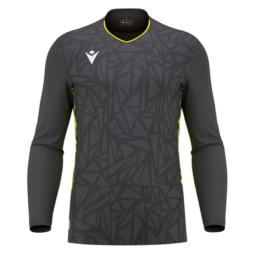 Dark gray long-sleeve shirt with geometric pattern on a white background