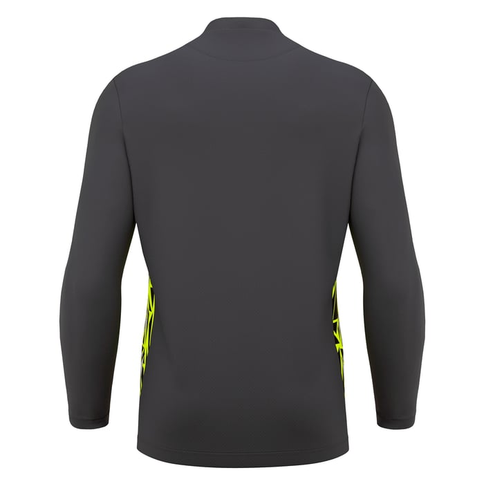 Dark gray jacket with yellow accents on a white background